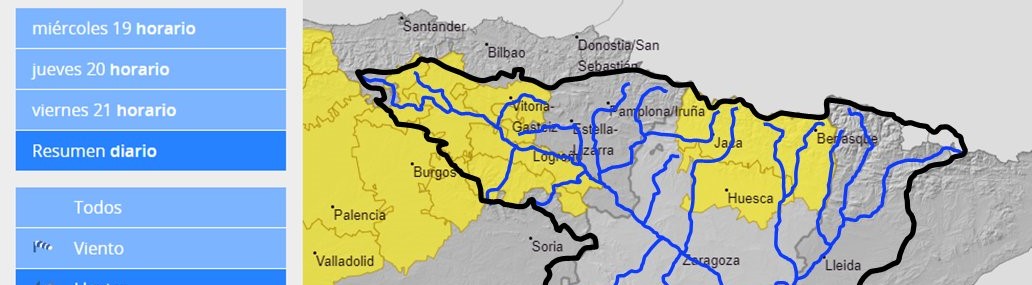 AVISO HIDROLÓGICO - Debido a las lluvias, se intensifica la vigilancia en cauces con cuenca vertiente pequeña y barrancos del Sistema Ibérico occidental, la cuenca alta del Ebro, la Llanada alavesa, el Pirineo central y el Prepirineo oscense