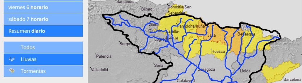 AVISO HIDROLÓGICO - La Dana que se acerca hoy por el Cantábrico provocará crecidas en los ríos de la Cuenca del Ebro, principalmente en la parte alta y margen izquierda, en las cuencas de los ríos Arga, Irati, Aragón, Gállego, Ara, Cinca y Ésera